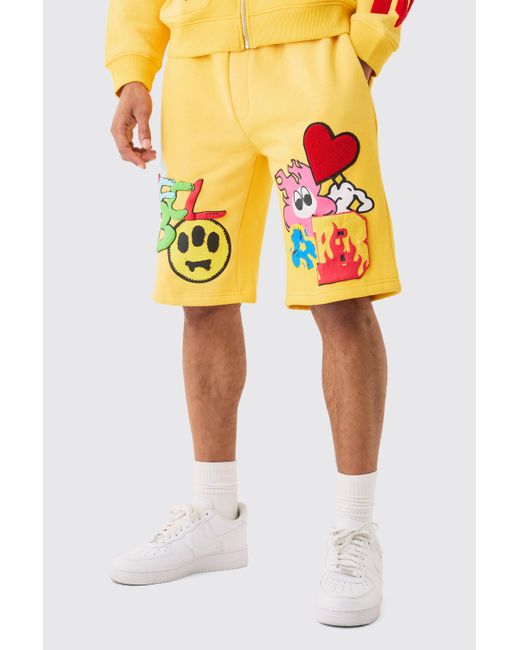 BoohooMAN Loose Embroidered Spray Shorts in Yellow für Herren