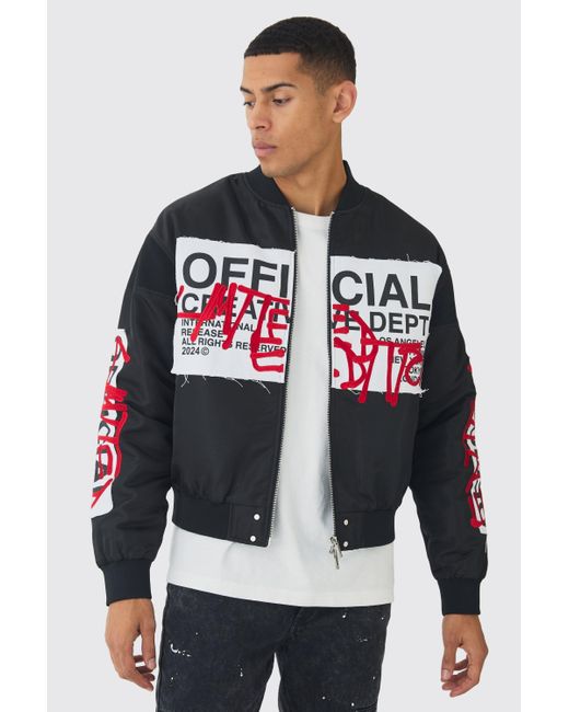 BoohooMAN Red Boxy Official Graffiti High Shine Bomber Jacket for men