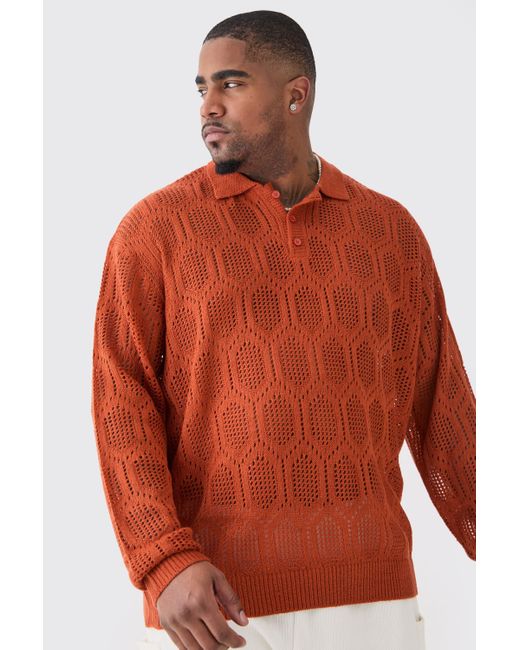 BoohooMAN Orange Plus Oversized Long Sleeve Crochet Knit Polo In Rust for men