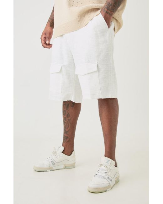 BoohooMAN White Plus Textured Cotton Jacquard Smart Cargo Shorts for men