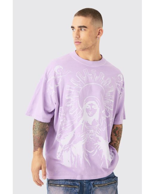 BoohooMAN Purple Oversized Over The Seam Renaissance Line Print T-shirt for men