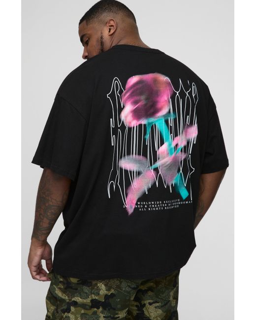 BoohooMAN Plus Oversize T-Shirt mit Gothic Rosen Print in Black für Herren