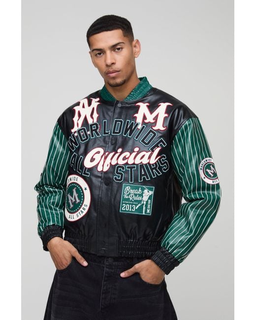 BoohooMAN Green Boxy Worldwide Stripe Sleeve Varsity Jacket for men