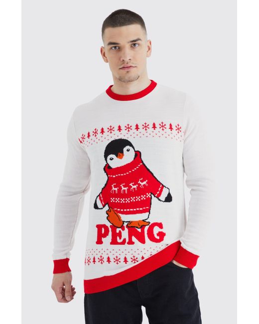 BoohooMAN Red Tall Peng Penguin Christmas Jumper for men