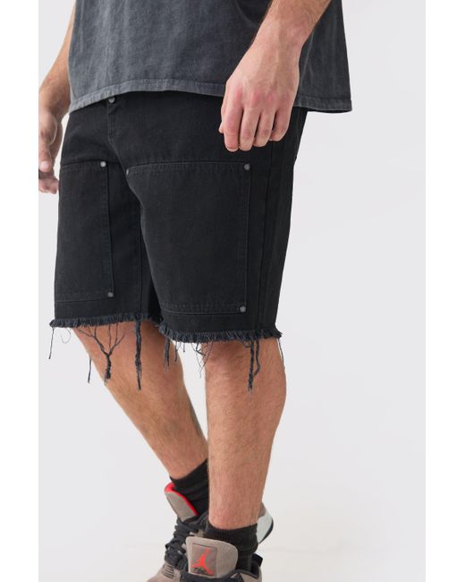 BoohooMAN Black Plus Fixed Waist Washed Relaxed Twill Carpenter Short for men