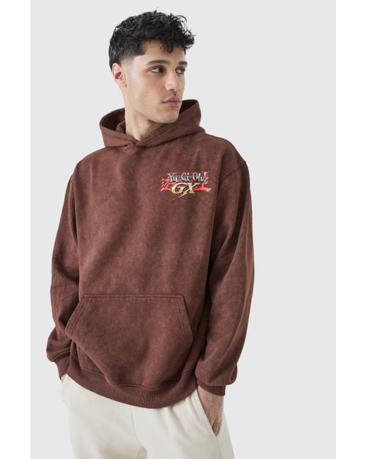 BoohooMAN Brown Oversized Washed Yugioh Gx License Hoodie for men