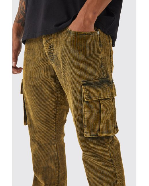 BoohooMAN Green Slim Flare Acid Wash Cargo Corduroy Trouser for men