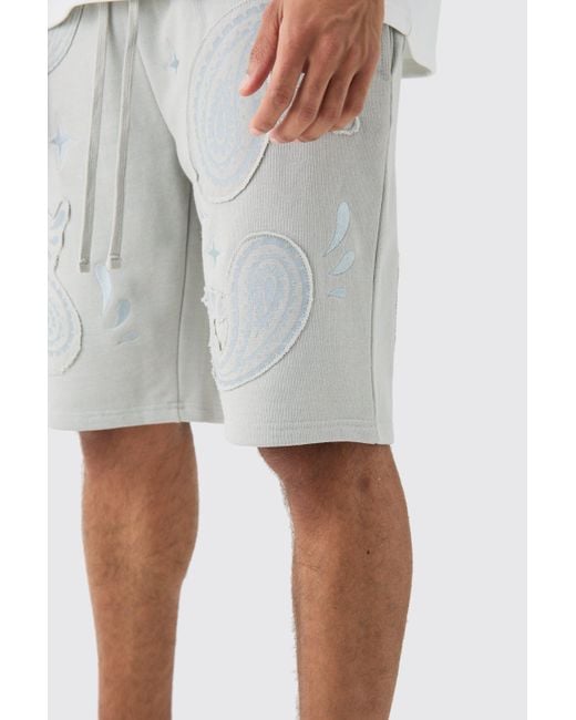 BoohooMAN Gray Relaxed Paisley Applique Mid Length Shorts for men