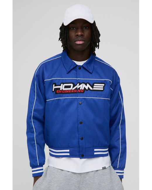 Boohoo Blue Boxy Twill Moto Collared Bomber Jacket