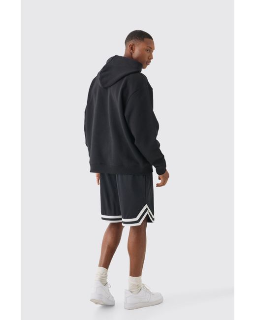 BoohooMAN Black Oversized Official Varsity Hoodie And Basketball Short Set for men