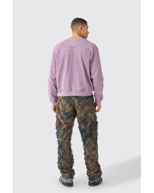 BoohooMAN Oversized Extended Neck Acid Wash Embroidered Sweatshirt in Purple für Herren