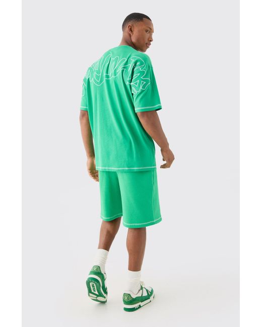 BoohooMAN Oversized Contrast Stitch Applique T-shirt & Short Set in Green für Herren