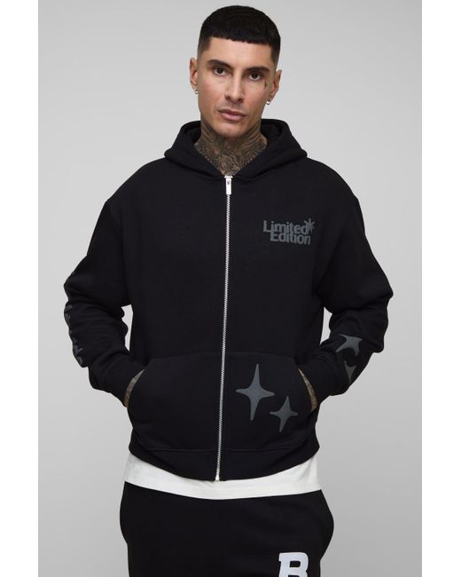 BoohooMAN Tall kastiger Oversize Hoodie mit Worldwide-Print und Reißverschluss in Black für Herren
