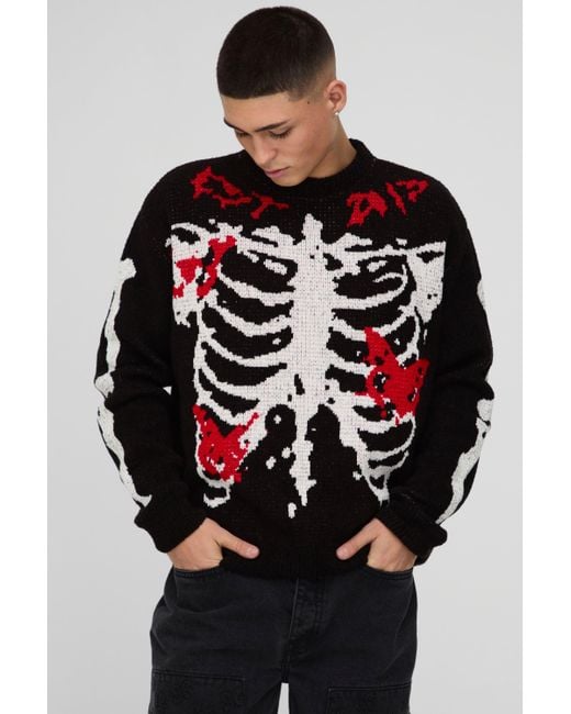 BoohooMAN Oversized Boxy Official Skeleton Boucle Knitted Sweater in Grey for Men Lyst UK