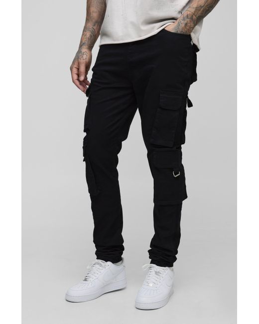 BoohooMAN Black Tall Fixed Waist Multi Cargo Stacked Skinny Cargo Pants for men