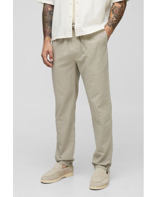 BoohooMAN Natural Elasticated Slim Fit Plain Seersucker Trousers for men