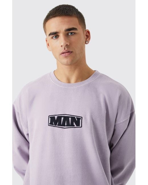 BoohooMAN Oversize Sweatshirt mit Man-Stickerei und Acid-Waschung in Purple für Herren