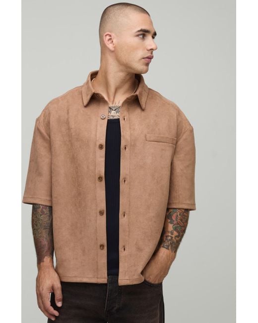 Oversized Faux Suede Half Sleeve Shirt Boohoo de color Natural