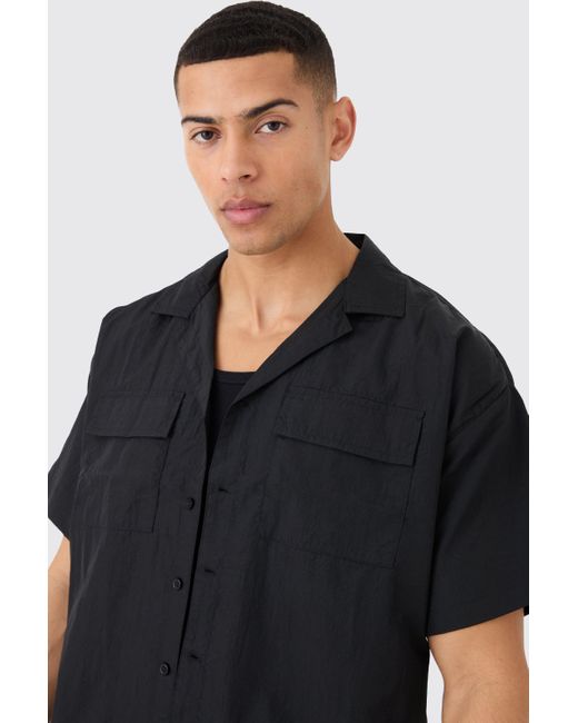 BoohooMAN Black Crinkle Nylon Pocket Shirt & Short Set for men