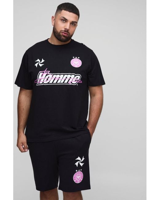 Boohoo Blue Plus Regular Fit Homme Football Print T-Shirt & Slim Short Set