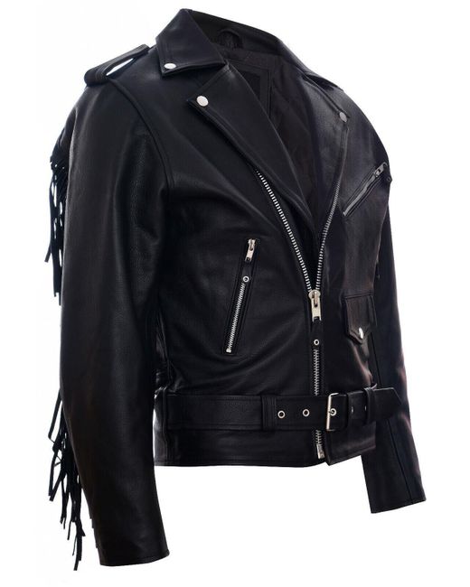BoohooMAN Black Infinity Leather Fringe Hide Leather Brando Tasseled Motorcycle Biker Jacket for men