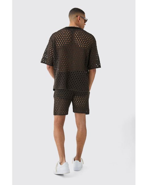 BoohooMAN Black Oversized Open Stitch Knitted Short Set for men