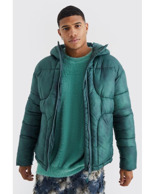 BoohooMAN Green Tie Dye Quilted Puffer With Hood for men