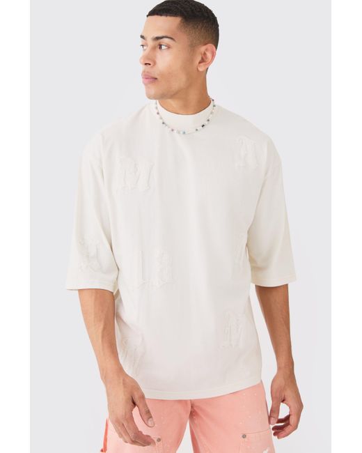BoohooMAN Oversized Heavyweight Half Sleeve Acid Wash Applique T-shirt in White für Herren