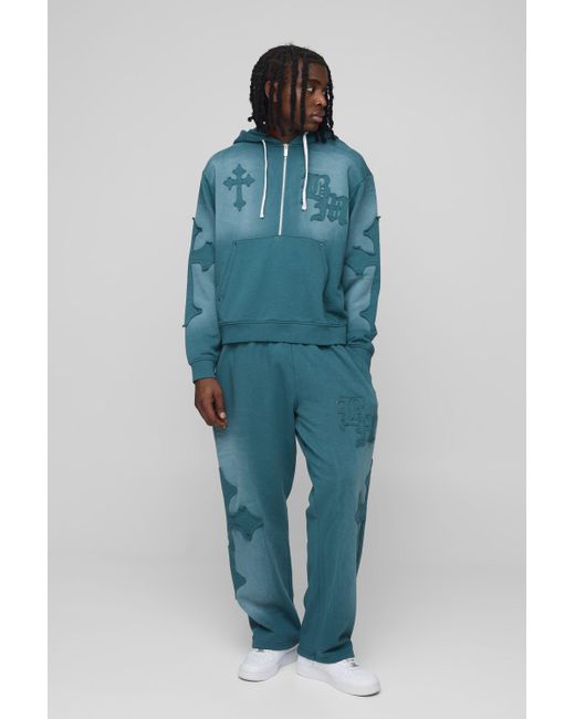 BoohooMAN Men's Blue Oversized Boxy Cross Applique Wash Hooded