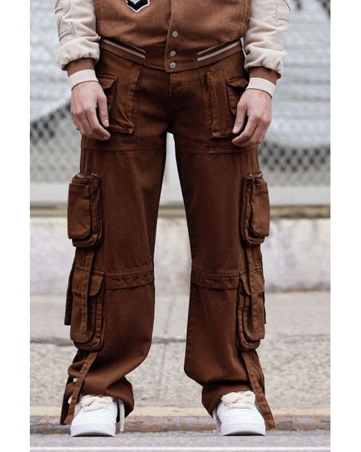 BoohooMAN Baggy Rigid Multi Cargo Pocket Strap Detail Acid Wash Jeans in Black für Herren