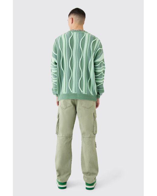 BoohooMAN Green Oversized 3d Jacquard Knitted Jumper for men