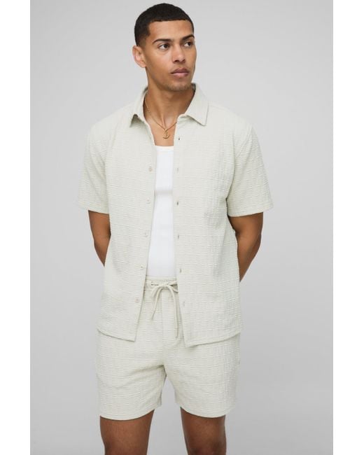 BoohooMAN Natural Short Sleeve Textured Stretch Shirt And Shorts Set for men
