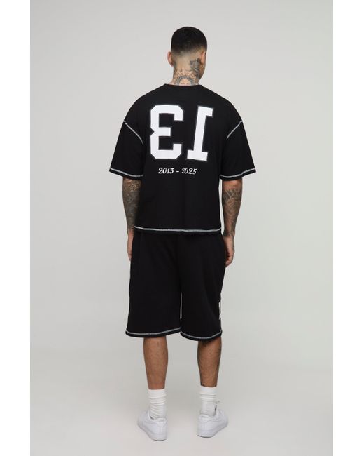 BoohooMAN Black Tall Oversized Boxy Applique 13 Print T-Shirt & Short Set for men