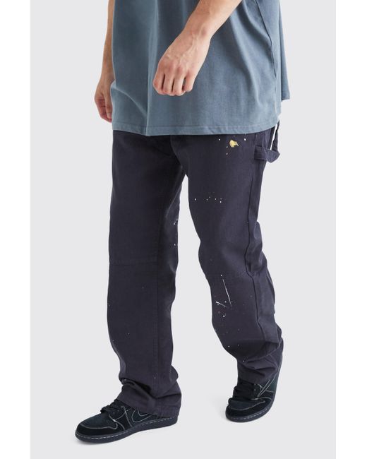 BoohooMAN Blue Tall Relaxed Fit All Over Paint Splatter Carpenter Trouser for men