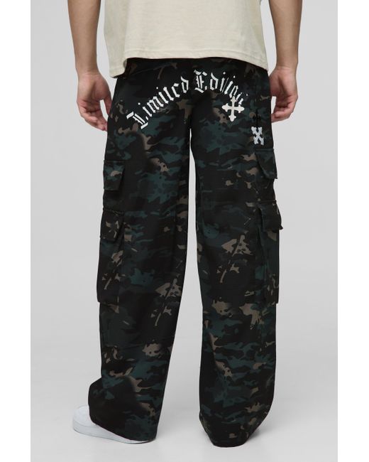 BoohooMAN Black Baggy Washed Cross Applique Camo Cargo Pants for men