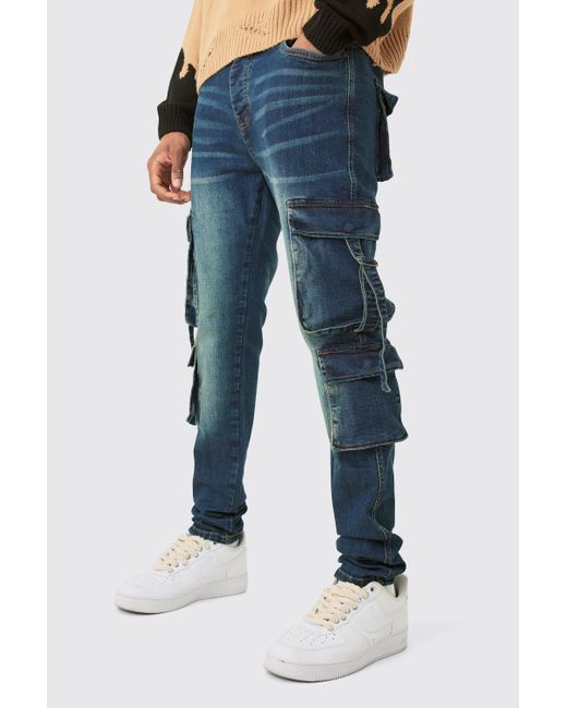 Boohoo Blue Tall Dark Wash Stretch Skinny Cargo Pocket Detail Jean