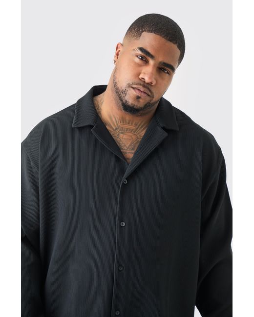 BoohooMAN Plus Drop Revere Long Sleeve Pleated Shirt In Black for men