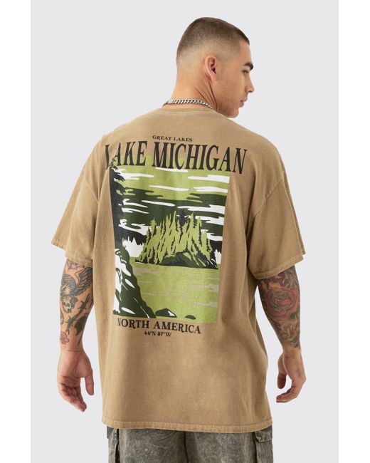 BoohooMAN Green Oversized Washed Lake Michigan Printed T-shirt for men