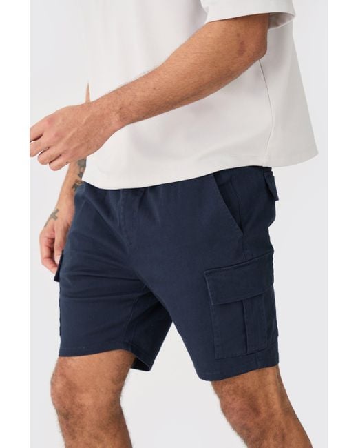 BoohooMAN Blue Elastic Waist Navy Skinny Fit Cargo Shorts for men