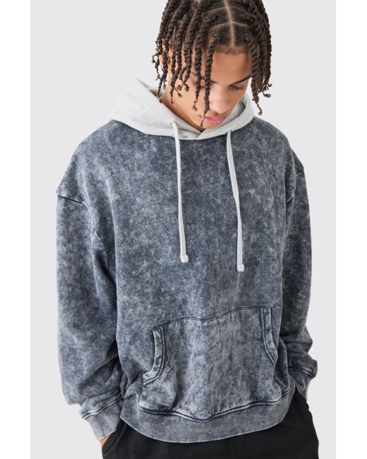 BoohooMAN Blue Oversized Boxy Acid Wash Hoodie With Contrast Hood for men