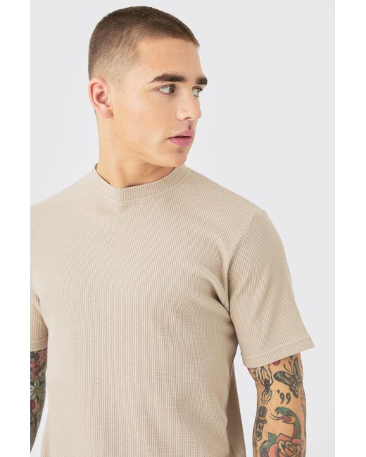 BoohooMAN Slim-Fit T-Shirt & Cargo-Shorts in Waffeloptik in Natural für Herren