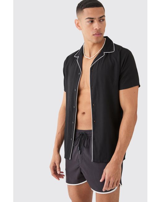 BoohooMAN Black Short Sleeve Plain Piping Shirt & Swim Set for men