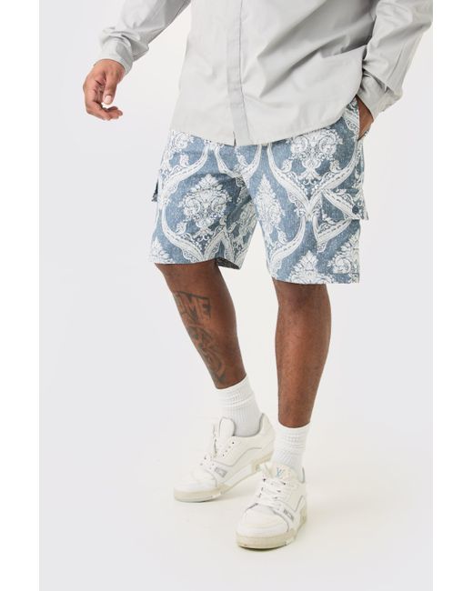BoohooMAN Blue Plus Textured Tapestery Cargo Short for men