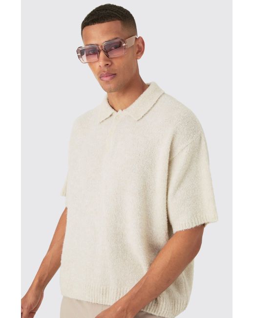 BoohooMAN White Oversized Boxy Boucle Knit Polo In Ecru for men