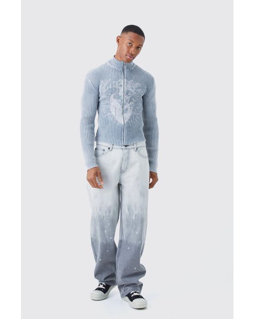 BoohooMAN Blue Baggy Rigid Bleached Jeans In Light Grey for men