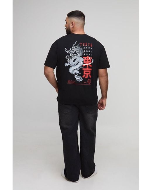BoohooMAN Black Plus Oversized Tokyo Dragon Printed T-Shirt for men