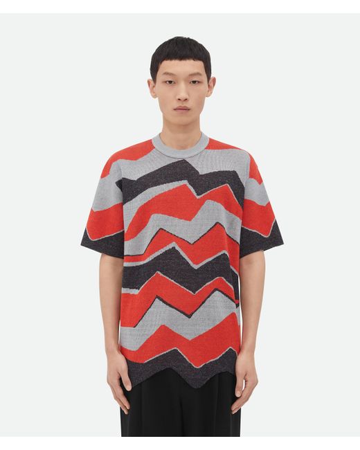 Bottega Veneta Red Zig-Zag Jacquard Knitted T-Shirt for men