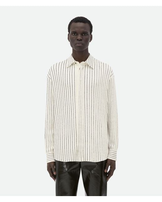 Camicia Gessata In Maglia Di Lino di Bottega Veneta in White da Uomo