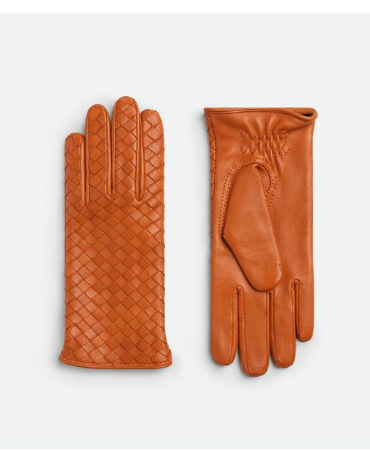 Bottega Veneta Orange Intrecciato Leather Gloves