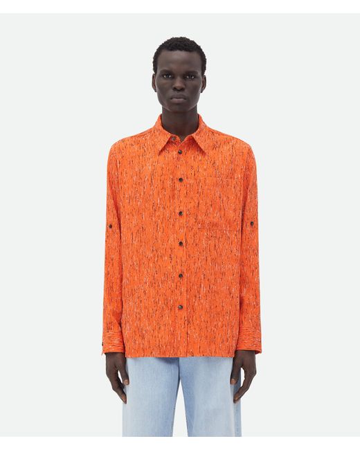 Bottega Veneta Orange Textured Viscose Stripe Shirt With "Bv" Embroidery for men